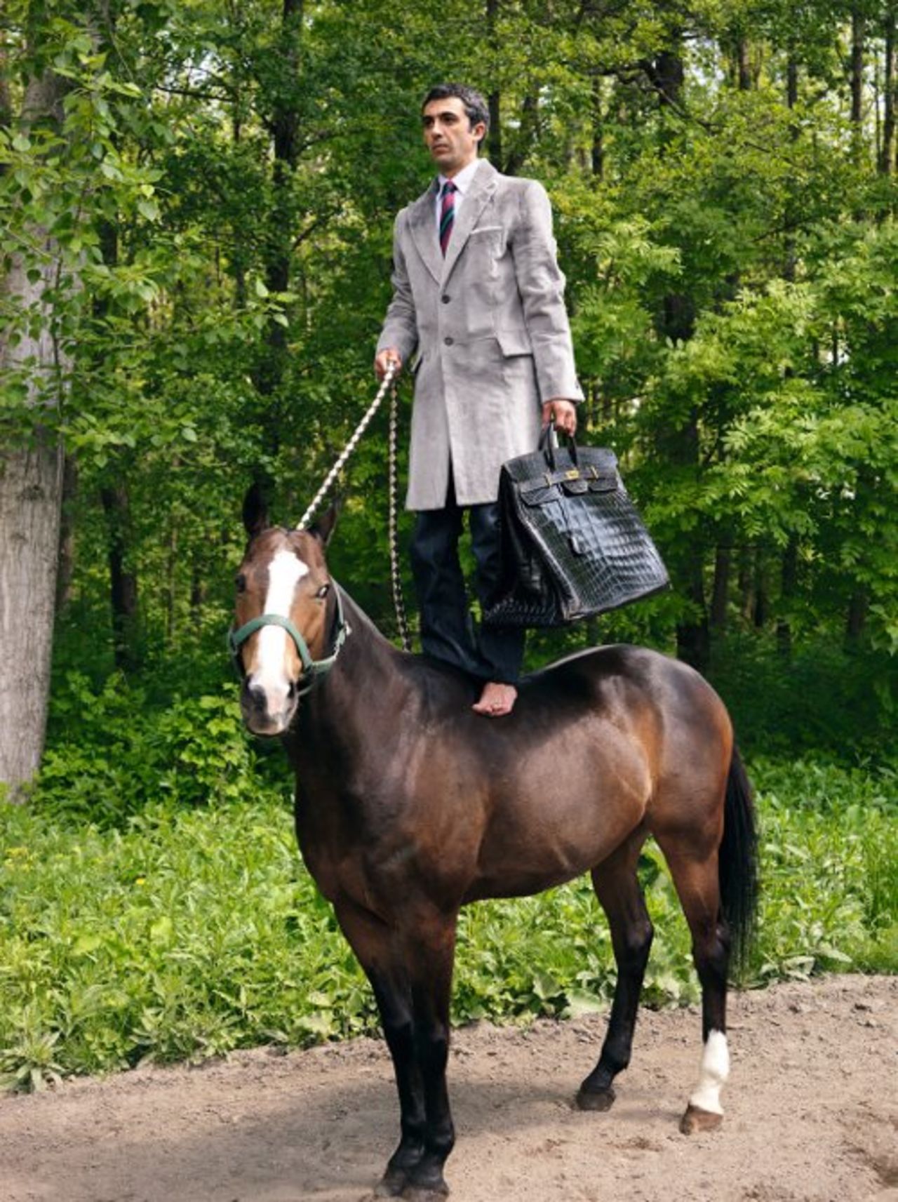 Rather than forging commercial collaborations with artists, French luxury house Hermes insists on art for art's sake. In 2008 they invited the Austrian Erwin Wurm to create a series of surreal photographs entitled <em>Monde Hermes</em>, such as the one displayed here, but the photos were never intended to be used for advertising.
