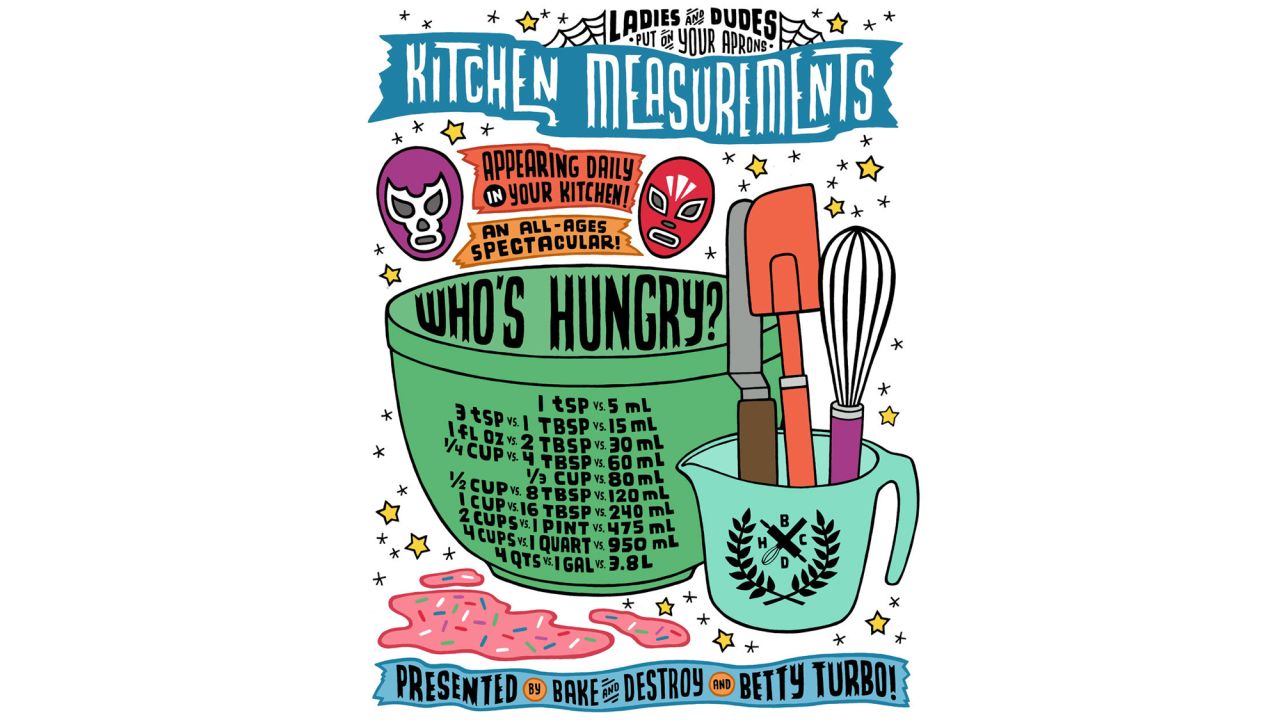 Betty Turbo Kitchen Measurements with Utensils and Luchadores Poster -- $20