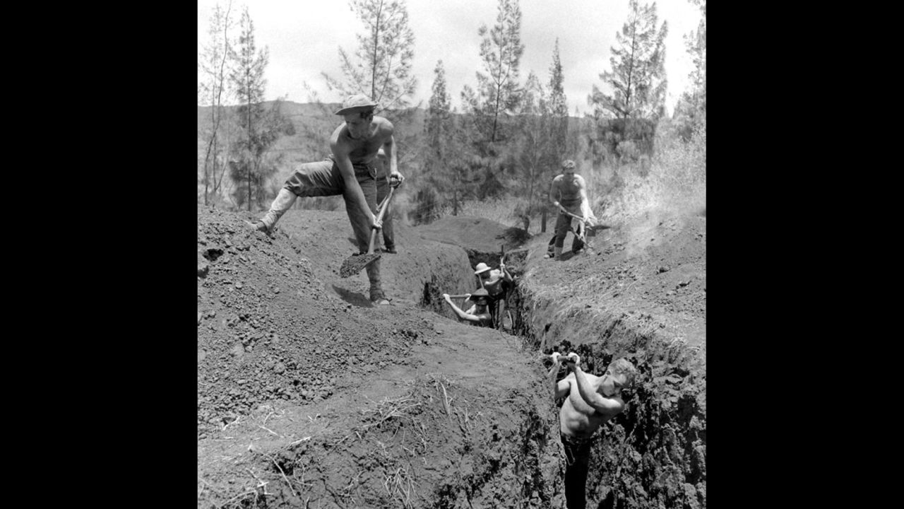 Men dig trenches in Hawaii in December 1941.