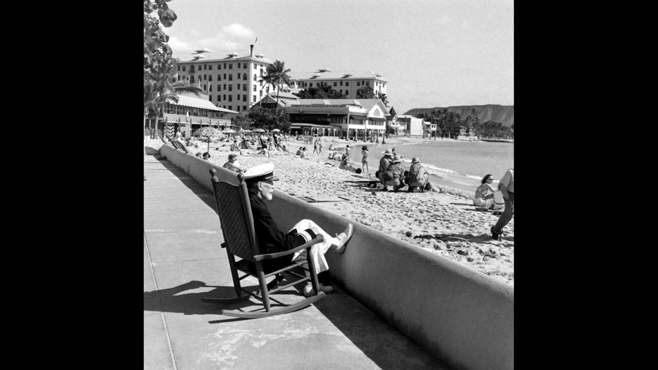 Vice Adm. Joseph "Bull" Reeves relaxes at Waikiki Beach in Hawaii in December 1941.