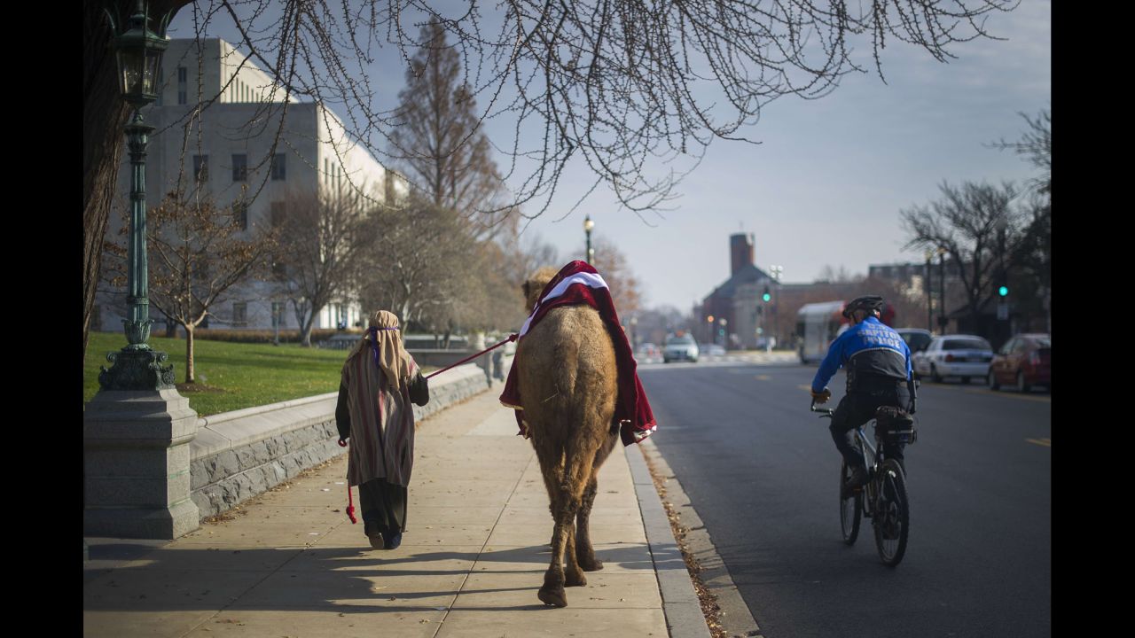 Kara Iden is watched by a police officer December 3 as she leads a camel to the Supreme Court to participate in a live nativity scene in Washington.