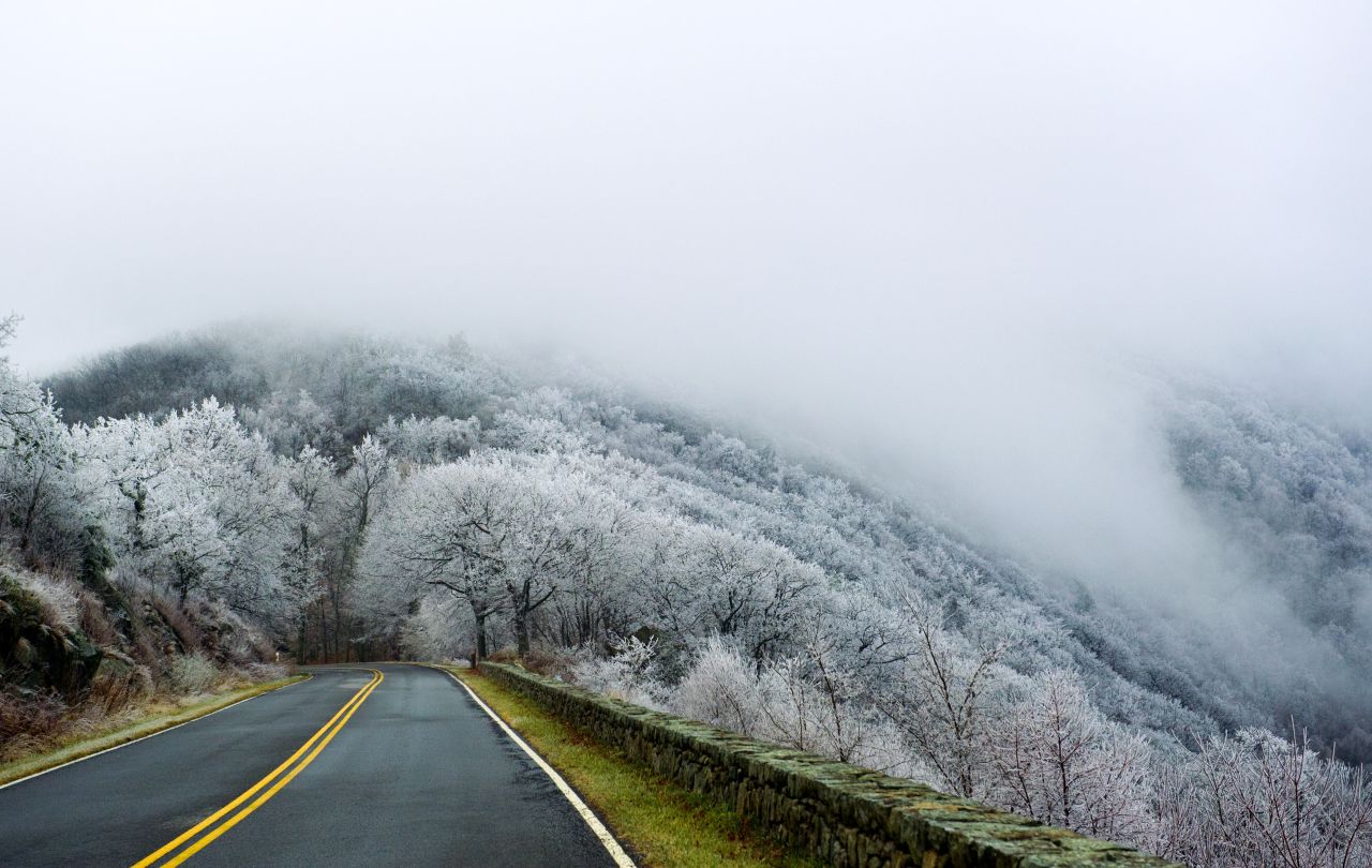 La humedad de las nubes tan bajas cubre los árboles en el parque nacional Shenandoah, en Virginia, con una capa de hielo y escarcha el 7 de diciembre.