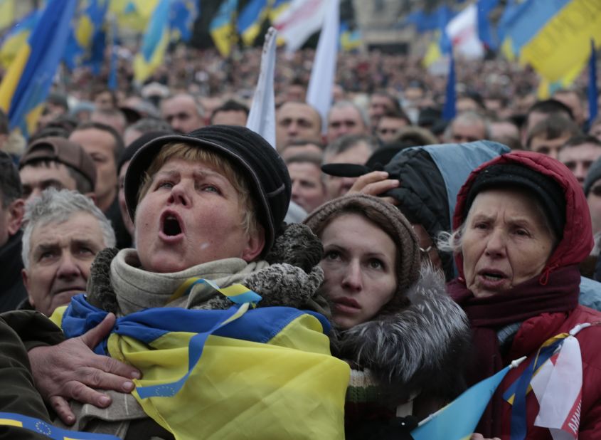Pro-EU activists shout slogans during the rally on December 8. An estimated 100,000 Ukrainians participated.