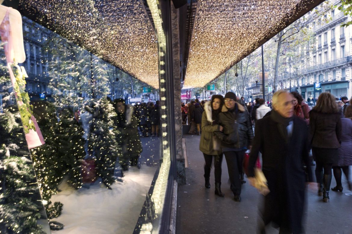 <strong>"A Joyful Obsession," Printemps, Paris:</strong> The Prada Christmas display has 11 windows (four animated, seven high fashion), a 16-meter-long Santa sleigh track and 150 stars and snowflakes. 