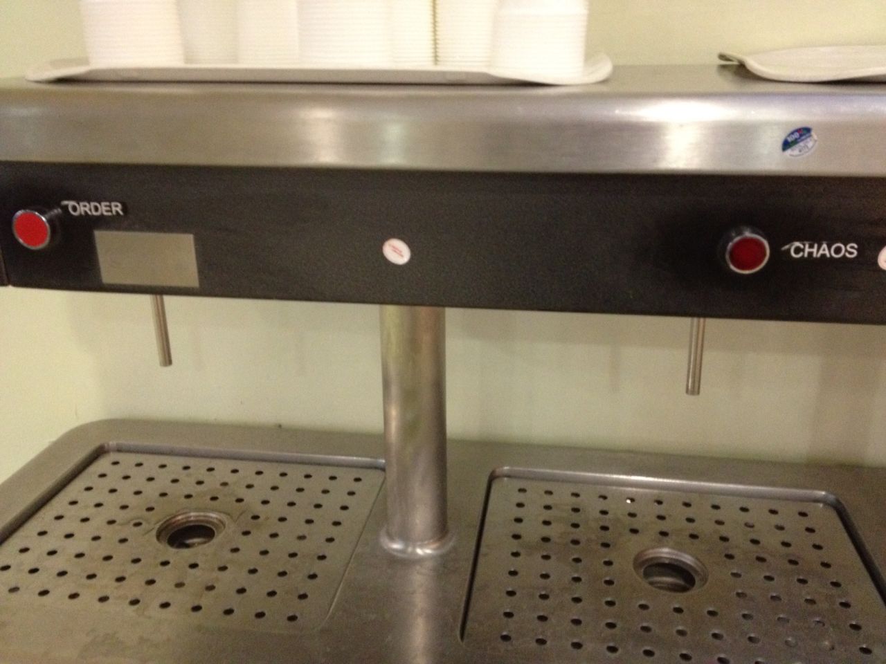 CERN's Restaurant 1 has a water fountain with options such as "order," "chaos" and "self-destruct." CNN's Elizabeth Landau tasted all three and could not detect a difference. 