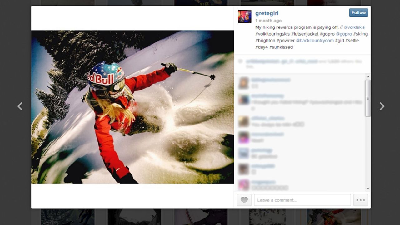 As Eliassen's Instagram account shows, her camera often joins her on the slopes.