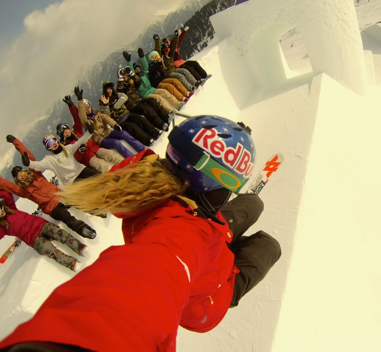 Eliassen, a USANA Health Sciences brand ambassador, grabs a shot of her fans while navigating a halfpipe.