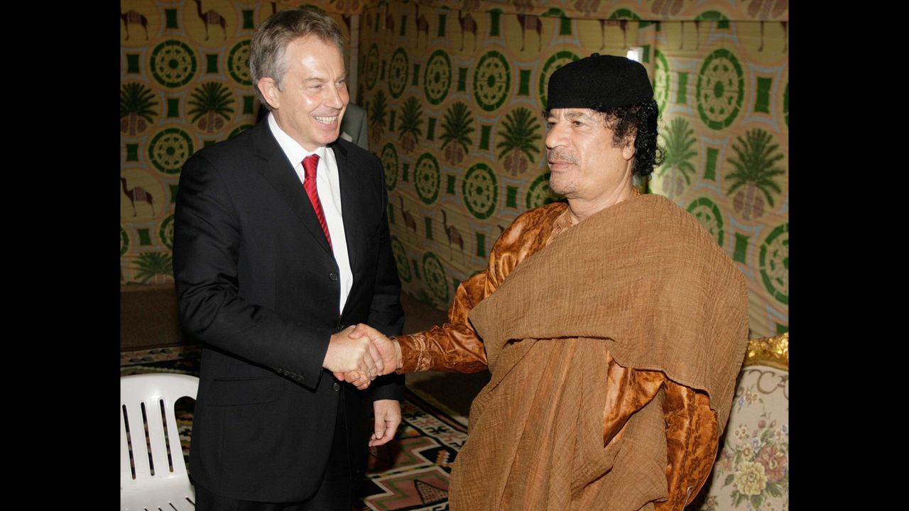 Prime Minister Tony Blair, left, meets with Moammar Gadhafi on May 29, 2007, in Sirte, Libya. 