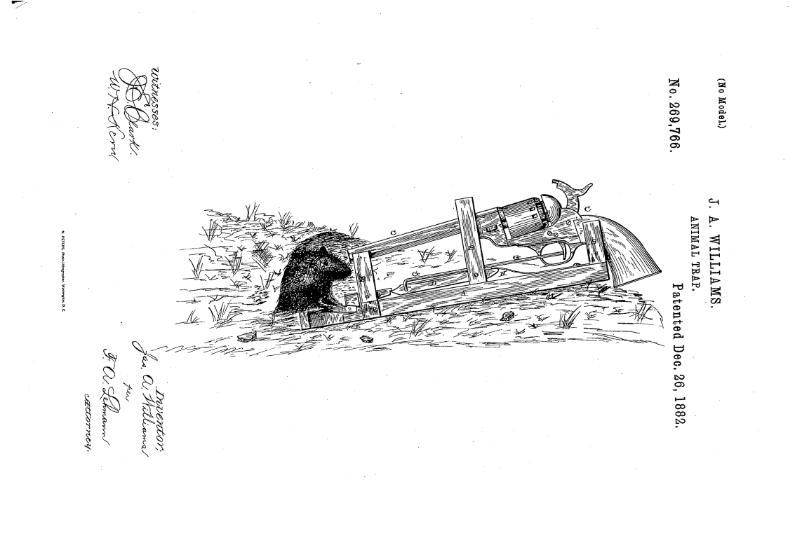  <strong>1. "ANIMAL-TRAP"  </strong>Mousetraps can be so anticlimactic, but this one goes off with a bang. An 1882 patent, the frame is designed to hold your favorite peashooter. When a rodent steps onto the treadle, a spring yanks on the trigger and sets off the firearm. The inventor, James Williams, suggested it would make a good burglar alarm.