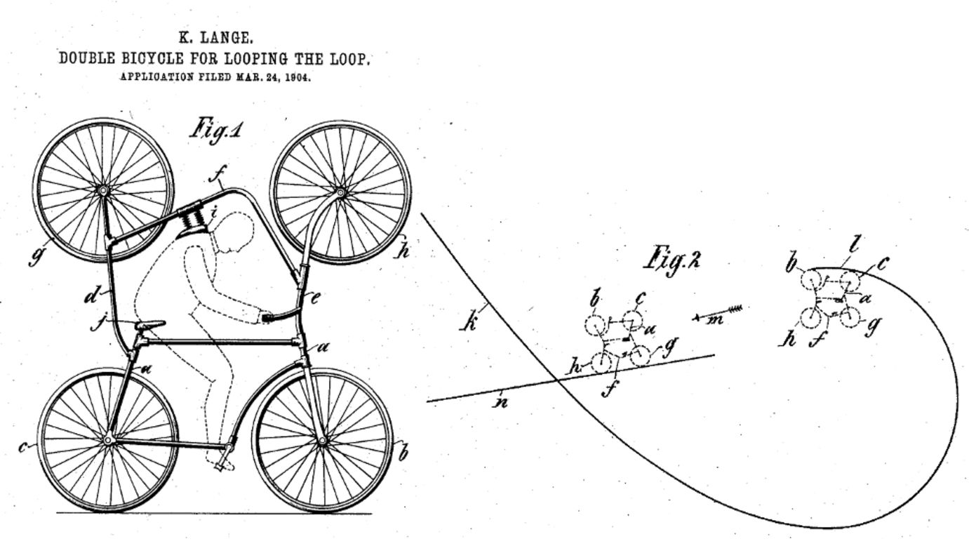 <strong>11. "DOUBLE BICYCLE FOR LOOPING THE LOOP" </strong> "Yo, dawg. I heard you like bicycles, so I put a bicycle on a bicycle so you can stay upright while you go upside down." Patented in 1905 by Kael Lange.