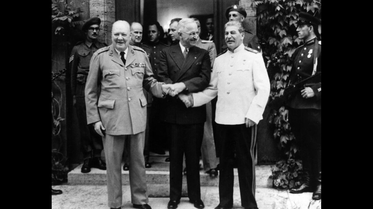 The United Kingdom's Winston Churchill (from left), U.S. President Harry Truman and Soviet leader Josef Stalin trade handshakes during the Potsdam conference in July 1945, where they negotiated the post-World War II landscape.