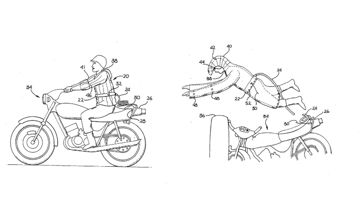 <strong>7. "MOTORCYCLE SAFETY APPAREL"  </strong>Dismayed by how dangerous motorcycle crashes can be, Dan Kincheloe patented an inflatable safety suit in 1987. Basically an airbag for your body, the suit has an "umbilical cord" that connects to a supply of compressed gas. When a biker flies off, a shorter pull cord snaps that rapidly inflates the suit. Pro? It could save your life. Con? You'll look like the Stay Puft Marshmallow Man.