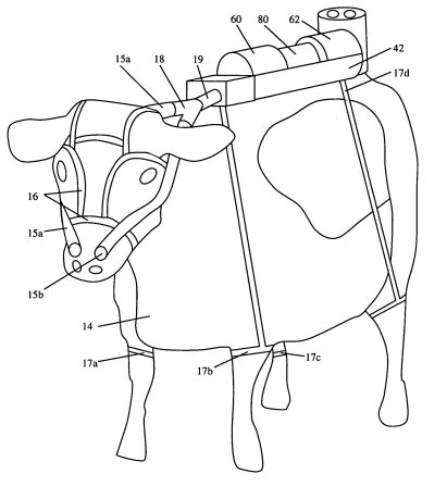 <strong>8. "PROCESS FOR THE UTILIZATION OF RUMINANT ANIMAL METHANE EMISSIONS"  </strong> Forget windmills and solar panels. Harness the beautiful power of cows! Ruminant animals—which have four stomachs—account for 20 percent of the world's methane emissions. (Most of that methane doesn't come from their behinds, actually. They exhale and burp it out.) To harness all that lost gas, Markus Herrema patented a bovine gas collector in 2006. The gas is channeled to a chamber full of methane-loving microorganisims, which can be used later in "nutritional foodstuff or . . . other useful products, such as adhesive or cosmetics."