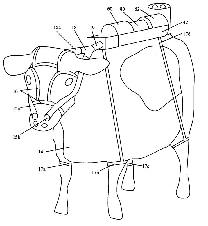 <strong>8. "PROCESS FOR THE UTILIZATION OF RUMINANT ANIMAL METHANE EMISSIONS"  </strong> Forget windmills and solar panels. Harness the beautiful power of cows! Ruminant animals—which have four stomachs—account for 20 percent of the world's methane emissions. (Most of that methane doesn't come from their behinds, actually. They exhale and burp it out.) To harness all that lost gas, Markus Herrema patented a bovine gas collector in 2006. The gas is channeled to a chamber full of methane-loving microorganisims, which can be used later in "nutritional foodstuff or . . . other useful products, such as adhesive or cosmetics."