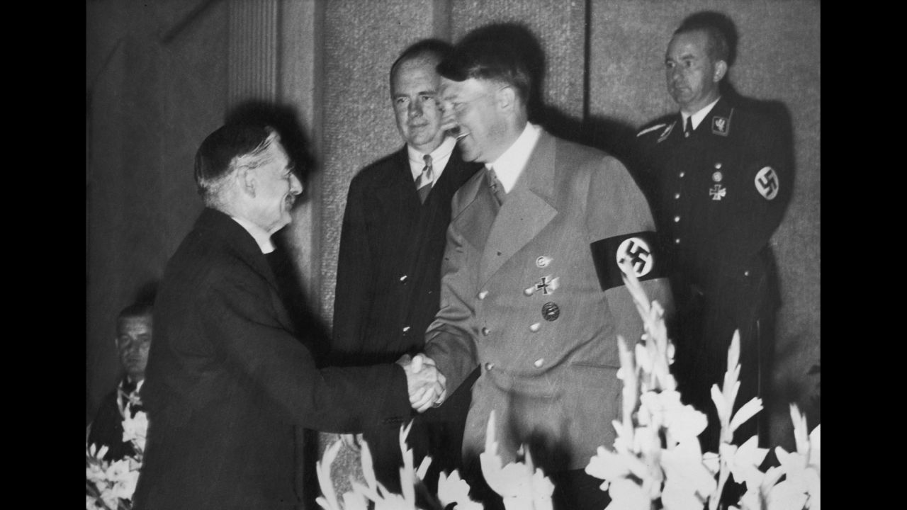 Adolf Hitler shakes hands with British Prime Minister Neville Chamberlain at Hotel Dressen in Bad Godesberg, Germany, on Septermber 22, 1938. The two met to discuss the German occupation of Sudetenland, part of what was then Czechoslovakia. Overtures to make peace with Nazi Germany failed, and soon after, the world was at war.