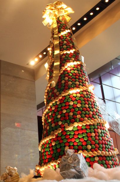 The hotel pastry team at the Ritz-Carlton hotel in Charlotte, North Carolina, took 58 hours to create this 8,000-cakelet Christmas tree. And were paid in macaroons.