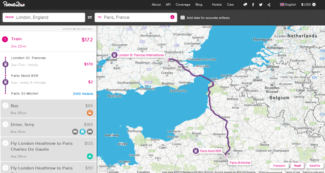 Rome2Rio compares the travel time and cost of different modes of travel between two destinations.