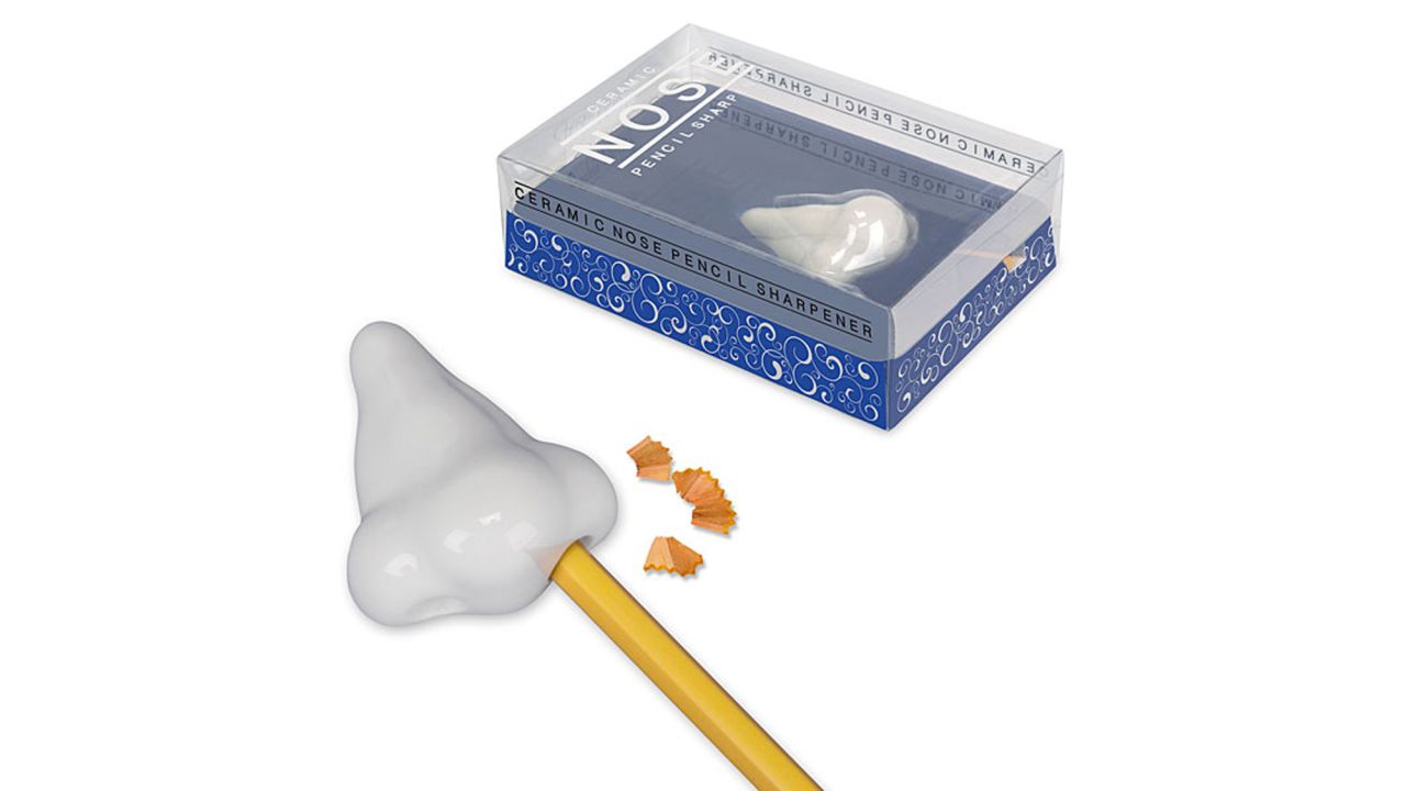 Ever hear of the Christmas pickle? The German tradition holds that whoever finds the pickle ornament hidden in your Christmas tree gets a wacky gift; we find this ceramic nose pencil sharpener from <a href="http://www.thinkgeek.com/product/1906/?pfm=homeoffice_newest_1906_4" target="_blank" target="_blank">ThinkGeek</a> to be on point.