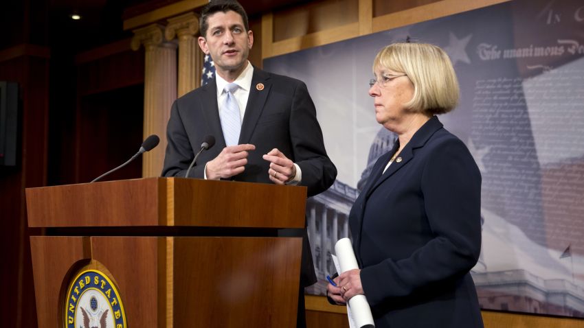 House Budget Committee Chairman Paul Ryan, R-Wis., and Senate Budget Committee Chairwoman Patty Murray, D-Wash., announce a tentative agreement between Republican and Democratic negotiators on a government spending plan, at the Capitol in Washington, Tuesday, Dec. 10, 2013. Negotiators reached the modest budget agreement to restore about $65 billion in automatic spending cuts from programs ranging from parks to the Pentagon, with votes expected in both houses by week's end. (AP Photo/J. Scott Applewhite)