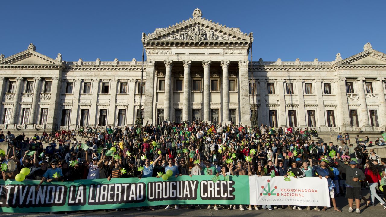 Supporters of legalizing marijuana demonstrate outside Uruguay's Senate.