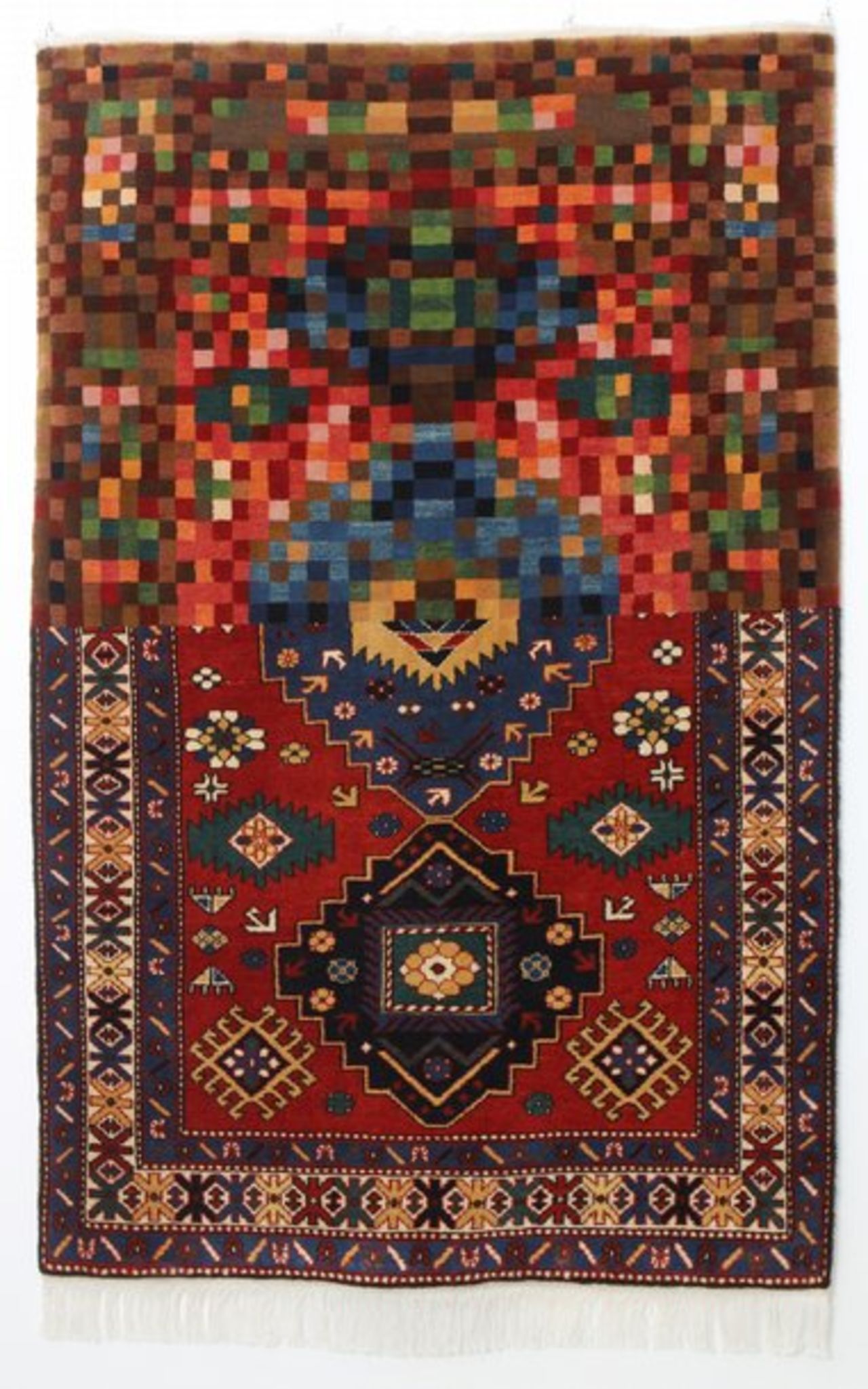 Faig Ahmed's woolen handmade carpets are based on Azerbaijan's ancient weaving traditions. They are constructed by hand and, for the most part, follow a conventional design. In each case, however, Ahmed reconfigures part of the pattern. <br /><br />With this carpet, titled Pixelate Tradition, much of the pattern has disintegrated into pixels. By disrupting traditional forms, Ahmed aims to show how, "Ideas that have been formed for ages are being changed in moments".