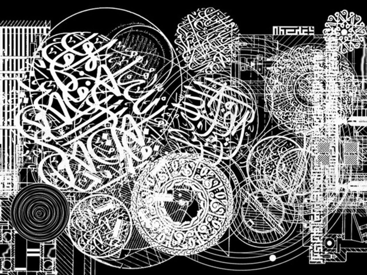 Moroccan multi-media artist Mounir Fatmi uses Arabic caligraphy in novel ways. In the video work <em>Modern Times: A History of the Machine</em> (detail shown here) atmi uses these circular compositions literally as wheels, the parts of a noisy locomotive that hurtles forward relentlessly.