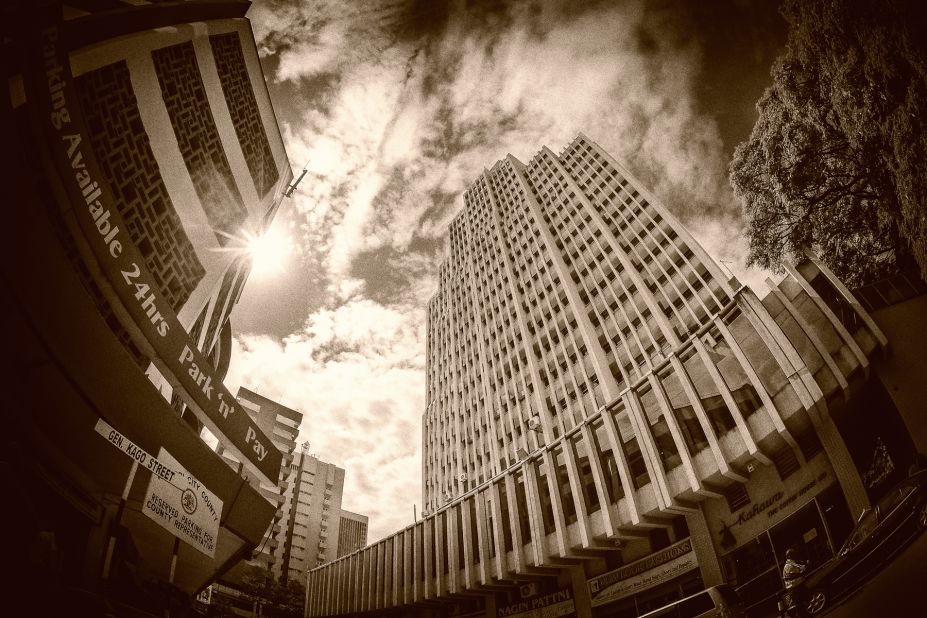 Mutua Matheka's photo showing "General Kago Street, looking up at the Eco bank towers."