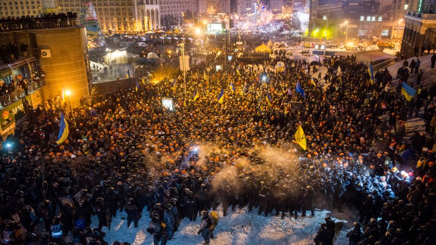 Riot police moved against pro-EU protestors at 2:00 am on Independence Square in Kiev early on December 11, 2013. Ukrainian security forces stormed Kiev's Independence Square which protesters have occupied for over a week but the demonstrators defiantly refused to leave and resisted the police in a tense standoff.