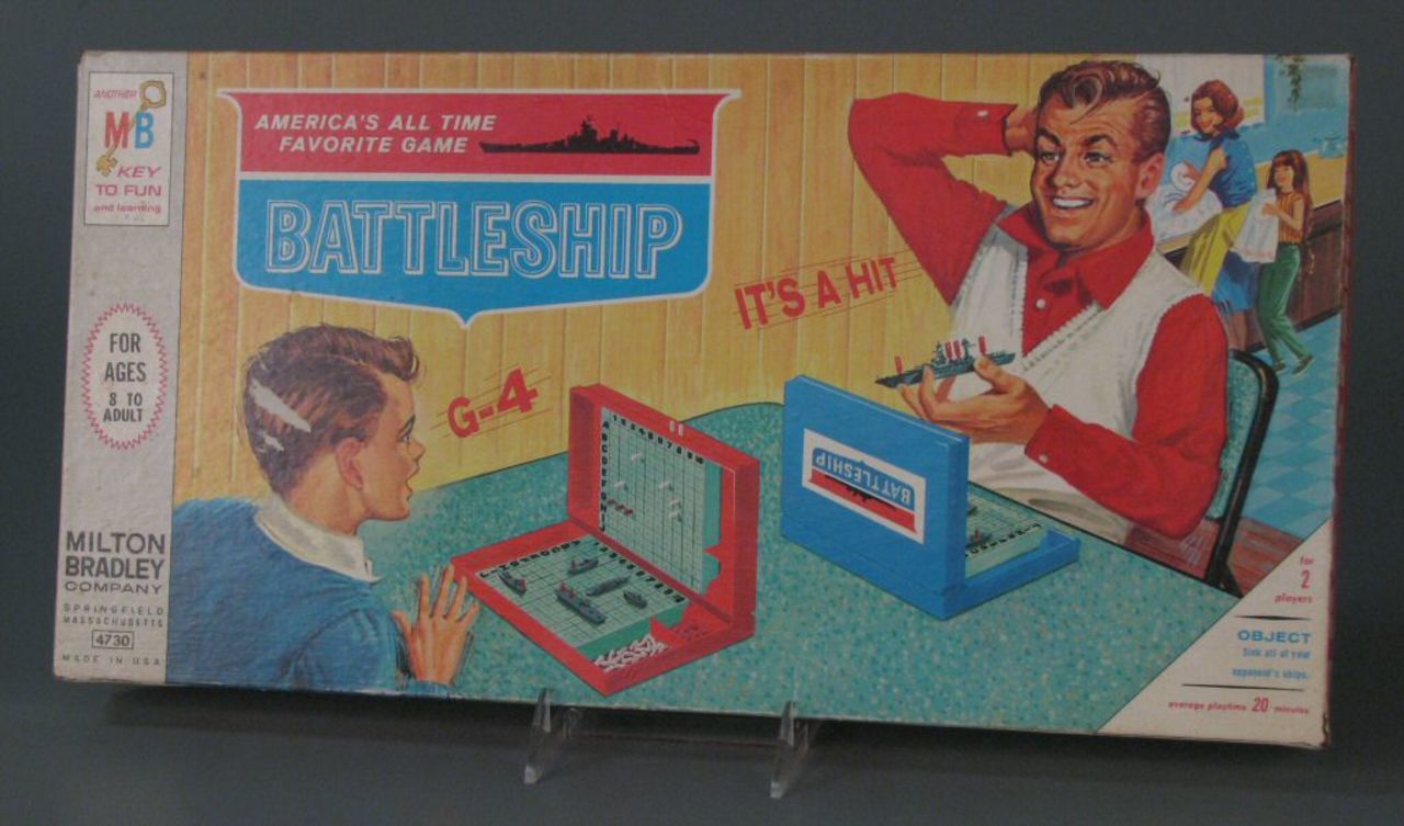 Battleship board game by Milton Bradley in 1967. Battleship dates to at least World War I as a pencil-and-paper-based game. However, Milton Bradley published a plastic version in 1967. In the somewhat dated -- and many would say sexist -- box cover picture, a father and son play the game while a mother and daughter wash dishes in the background. 