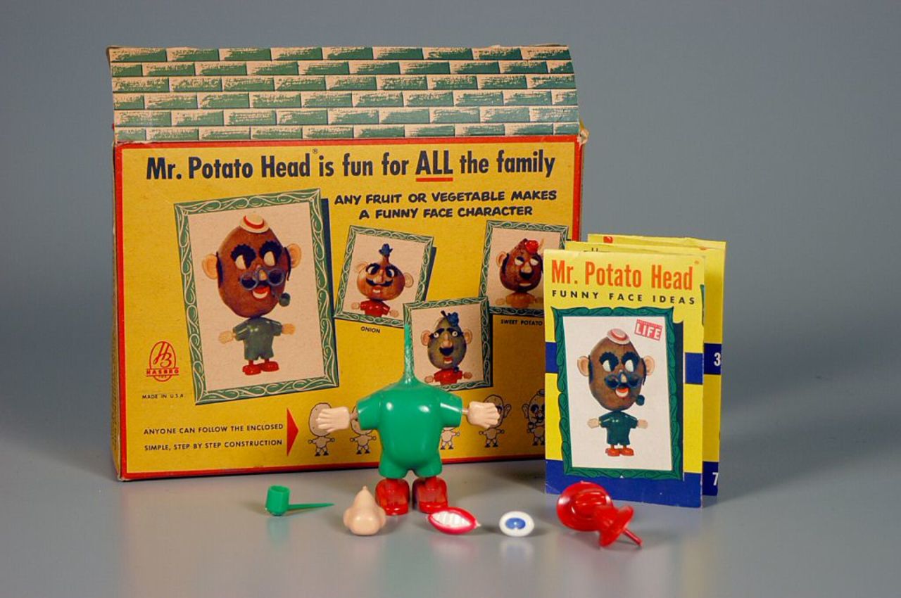 Mr. Potato Head Funny-Face Kit play set By Hassenfeld Bros. Inc. circa 1955. Mr. Potato Head, the first toy advertised on television, is also food -- at least, it started out that way. Created by inventor George Learner as a way for kids to eat their vegetables, he created the plug-in facial features to be distributed into cereal boxes. The first Mr. Potato Head came with 28 face pieces, but you had to supply your potato. Later, the stench of rotting spuds led Hasbro to supply a plastic potato with the set. 