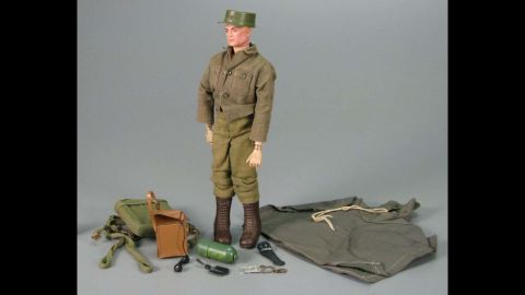 G.I. Joe Action Soldier by Hasbro circa 1965.   G.I. Joe is "America's Moveable Fighting Man," with 21 moving parts and representing each of the four branches of the US armed forces. The toy did $16.9 million in sales in its first year. 