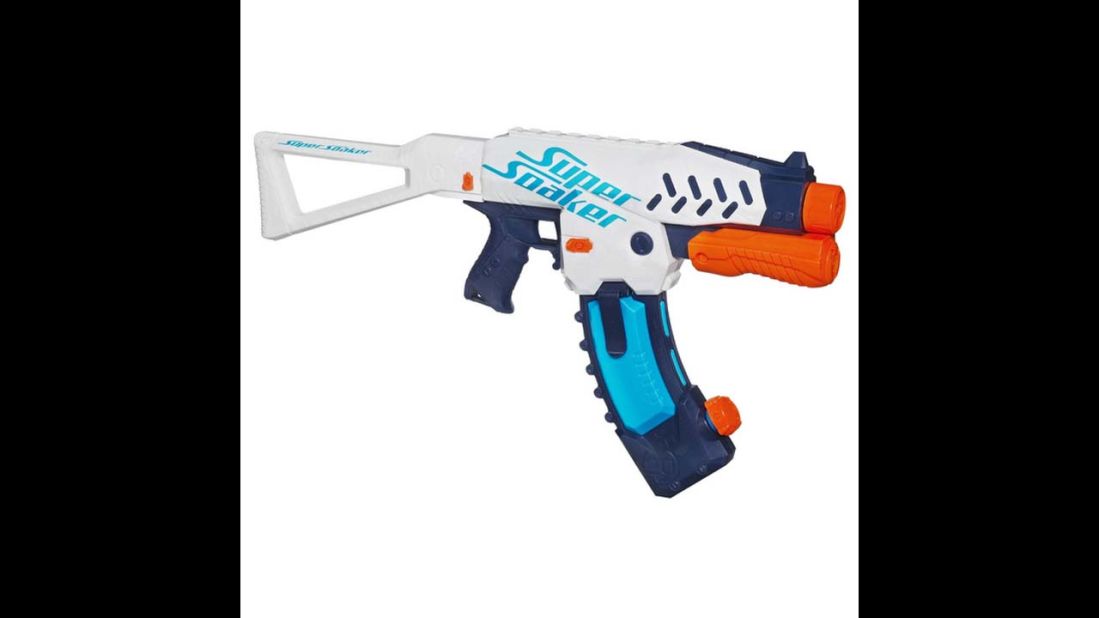 Super Soaker Switch Shot Blaster by NERF in 2013. It is the first water blaster to incorporate air pressure for more water pressure to come streaming out. The Switch Shot Blaster holds 570 milliliters of water and is the only blaster in 2013 that uses a water banana clip. 