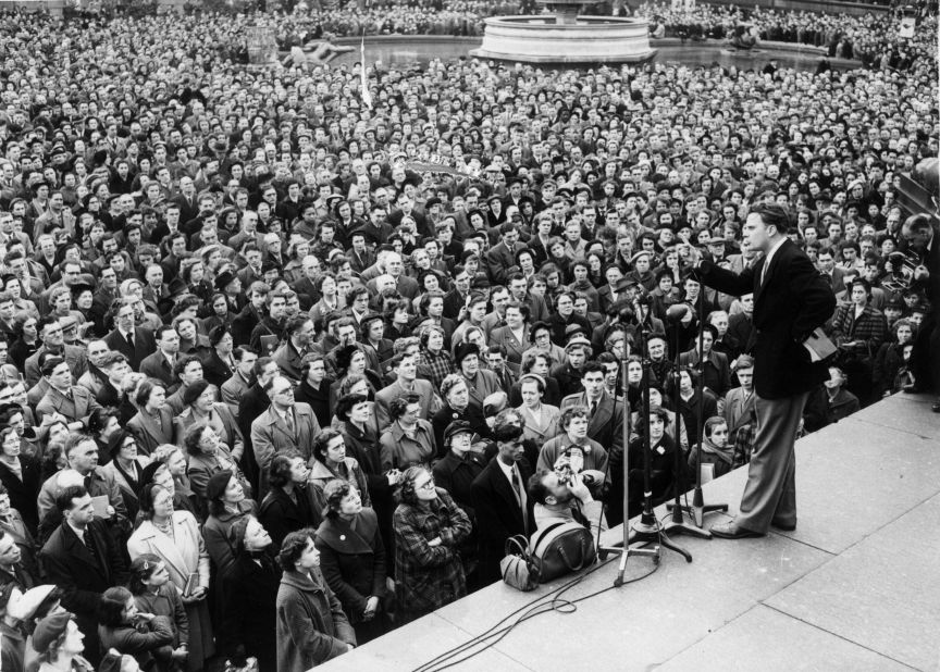 Graham addresses a crowd in London's Trafalgar Square in 1954. Graham's London crusade lasted 12 weeks and drew huge crowds.