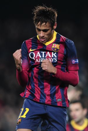 Barcelona striker Neymar celebrates scoring his first Champions League goal against Celtic in the Group H match at the Nou Camp. The Catalans thumped the Scottish champions 6-1 with Neymar completing a hat-trick. 