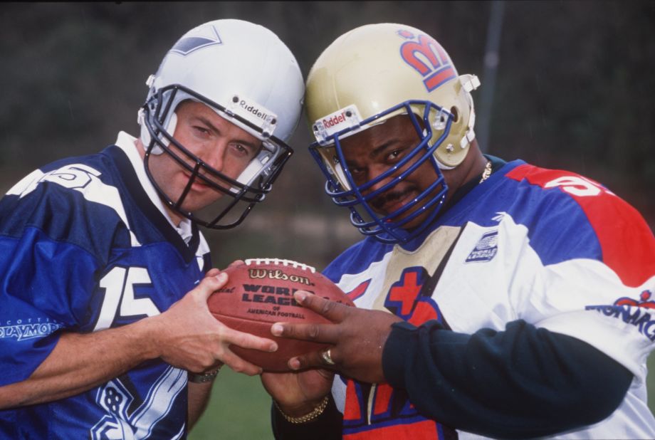 Former Scotland rugby captain Gavin Hastings (left)  won a World Bowl title with Scottish Claymores in the now-defunct NFL Europe competition, which ran from 1991-2007. 