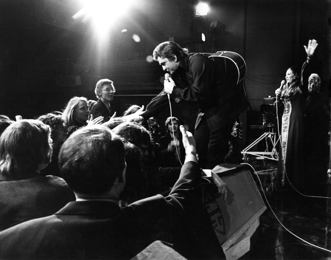 Cash performs live with June Carter Cash in Amsterdam, Netherlands, in 1972.