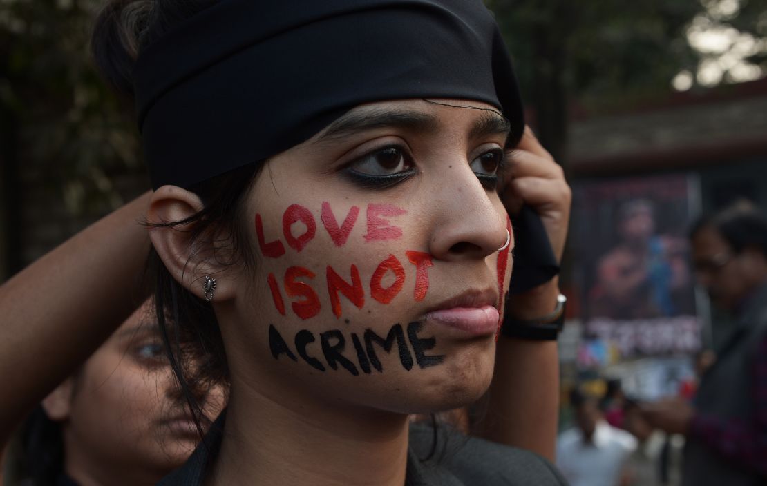 An Indian gay-rights activist takes part in a protest in Kolata against the 2013 Supreme Court ruling reinstating a ban on gay sex.