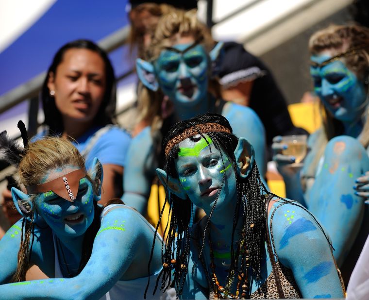 Fans don blue paint and Avatar costumes at the Wellington Rugby Sevens tournament. Dressing up in costume has become a cult activity at sevens events the world over.