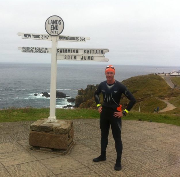 Conway before the start of his epic swim from Land's End at the bottom of England to John O'Groats at the tip of Scotland, which began on June 30, 2013.