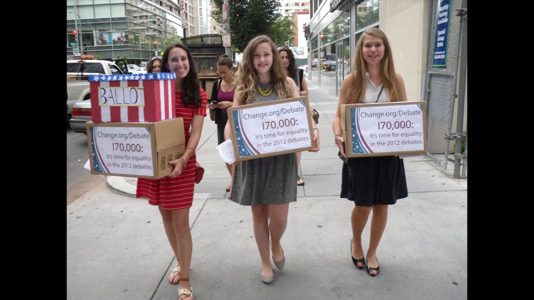 Sammi Siegel, Emma Axelrod and Elena Tsemberis are three New Jersey teens who<a href="https://www.change.org/petitions/it-s-time-for-a-woman-moderator-equality-in-the-2012-presidential-debates" target="_blank" target="_blank"> petitioned to get a female moderator</a> for the 2012 presidential debate. CNN's Candy Crowley was named a moderator for the second debate, in which<a href="http://sotu.blogs.cnn.com/2013/12/11/millennial-women-are-closing-pay-gap-but-theyre-still-pessimistic-about-workplace-equality/"> wage parity </a>became an issue.