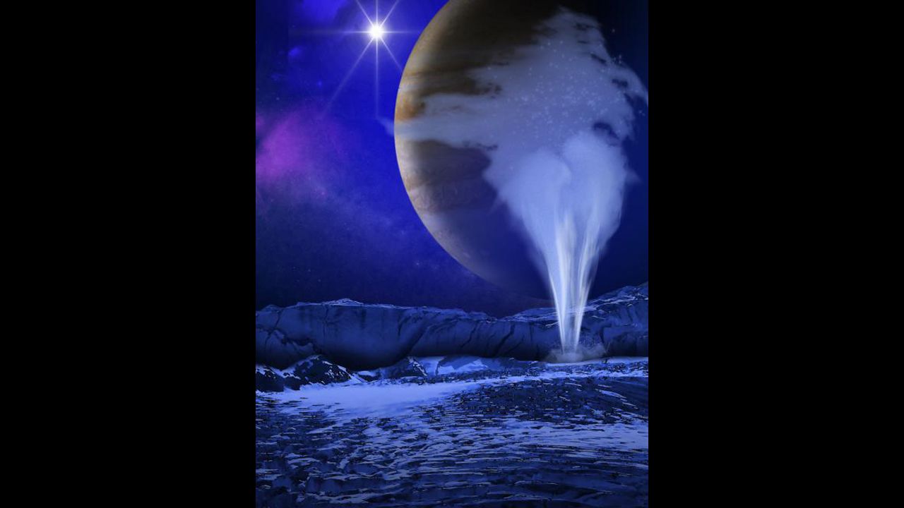 An artist depicts water vapor spewing up from underneath the surface of Europa, a moon circling the planet Jupiter. It could mean that life could be supported inside the moon.