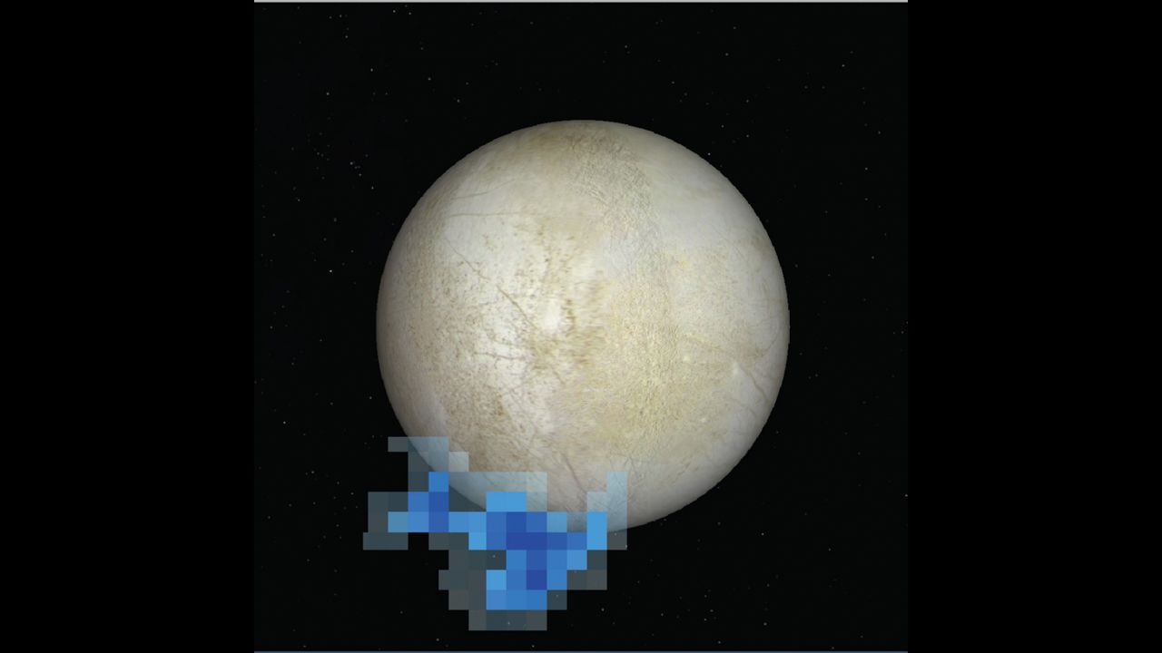Una representación gráfica muestra el lugar donde el telescopio espacial Hubble observó vapor de agua sobre el polo sur de una de las lunas de Júpiter, Europa.
