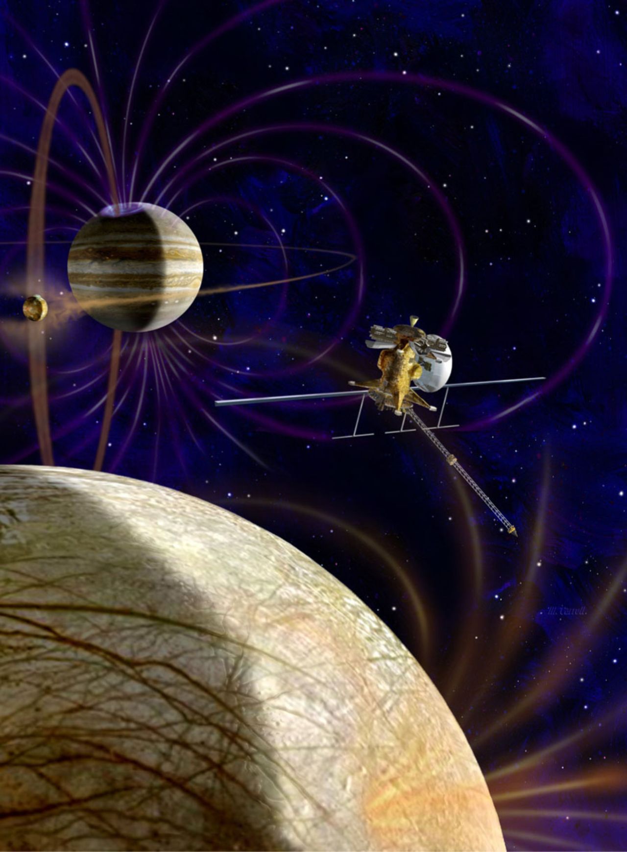 Agencias espaciales han querido enviar un módulo orbital a Europa y a otra de las lunas de Júpiter. Un artista muestra cómo se podría ver esto.