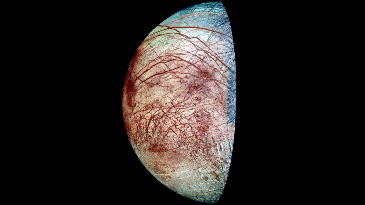 Europa is covered with ice that is riddled with cracks. It surface temperature can get as low as -328 degrees Fahrenheit, not exactly warm enough to support life. But under the ice is an ocean that scientists believe is warmed internally. It could support life, if the water's chemistry is right. Astronomers want to send an unmanned craft to try to find out.