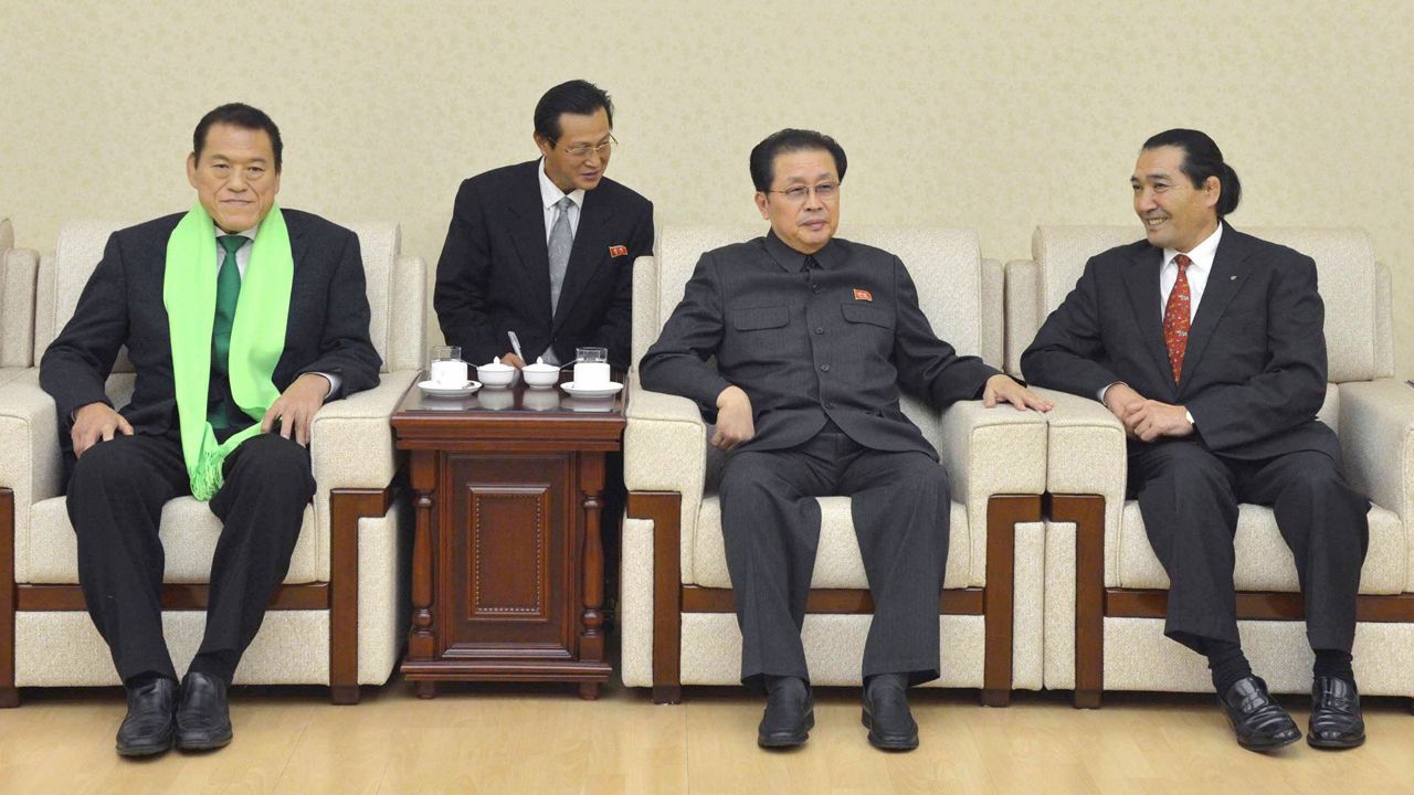 Japanese lawmaker Antonio Inoki, left, Jang Song Thaek and Kenshiro Matsunami, a former Japanese lawmaker, hold a meeting in Pyongyang, North Korea, on November 6. Jang Song Thaek was regarded as the second most powerful figure in North Korea.