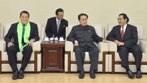 Japanese lawmaker Antonio Inoki, left, Jang Song Thaek and Kenshiro Matsunami, a former Japanese lawmaker, hold a meeting in Pyongyang, North Korea, on November 6. Jang Song Thaek was regarded as the second most powerful figure in North Korea.