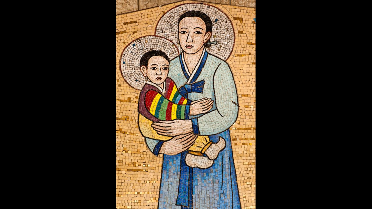 A mosaic from South Korea at the Church of the Annunciation in Nazareth, Israel, depicts Mary and Jesus. 