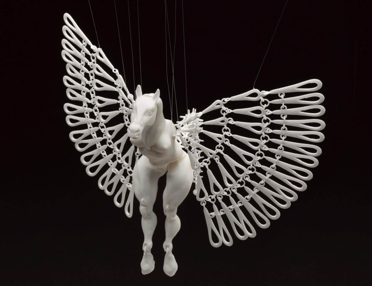South African artist <a href="http://nomili.co.za/" target="_blank" target="_blank">Michaella Janse van Vuuren</a> says this intricate puppet could not have been made by hand. "The Horse Marionette has fully functional joints and movable wings," she says. "All the horse's parts have been placed in the same digital file so no assembly is required afterward. When strung up the horse comes to life."