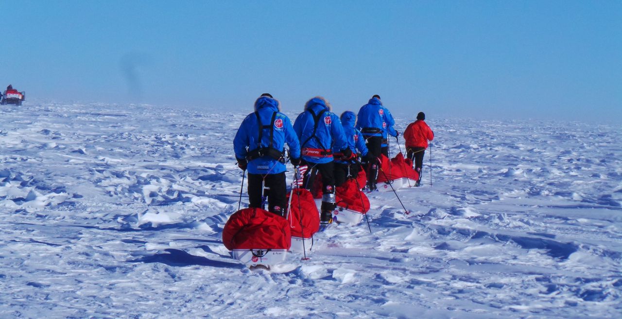 U.S. teammates form their ski line in setting out for the South Pole. The teams covered about 9-12 miles per day, pulling 150-pound sleds. They endured temperatures as low as minus-50 degrees Fahrenheit, along with 50-mph winds.
