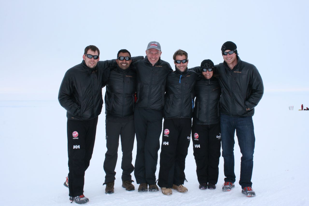 Team UK members (from left) Kate Philp, Guy Disney, Richard Eyre, Ibrar Ali, Duncan Slater and Prince Harry pose for a photo during training for the South Pole challenge.